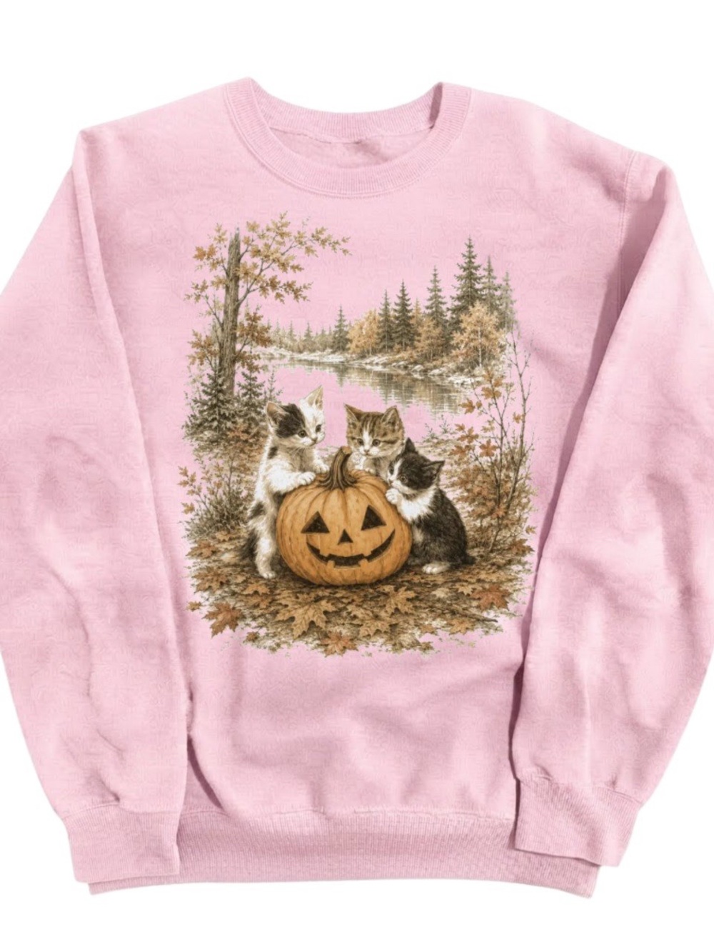 Pink Sweatshirt with Kittens and Jack-o'-Lantern Graphic, Gift For Her And Him